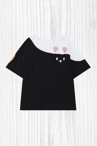 Preepy Look Girls Color Block Carrot Print Cartoon Bunny Face Patched Crew Neck Half Sleeve Relaxed Fit Tee Top