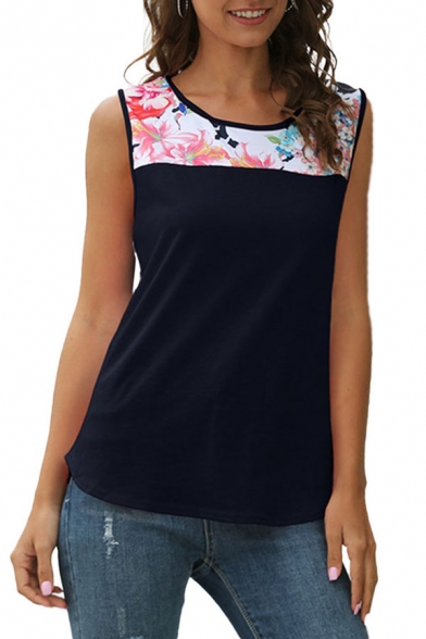 Pretty Floral Printed Sleeveless Round Neck Loose Tank Top for Women