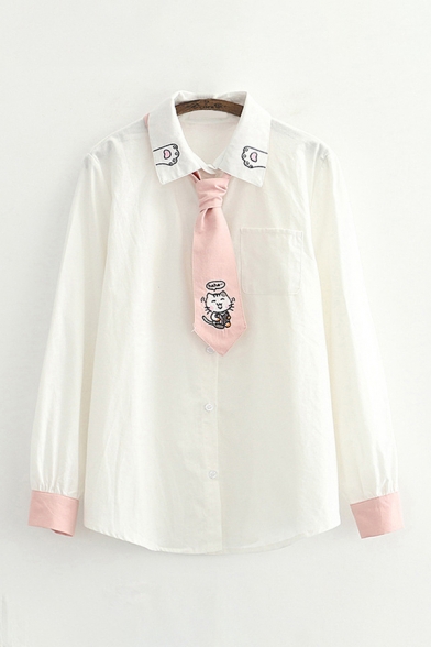 Pretty Womens Cat Paw Embroidered Long Sleeve Point Collar Button Up Chest Pocket Relaxed Shirt with Tie