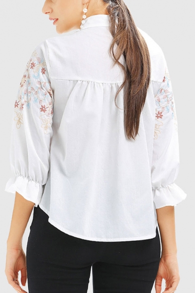 Retro Womens Floral Embroidered Button down Pleated Stand Collar Flare Cuff Sleeve Regular Fit Shirt