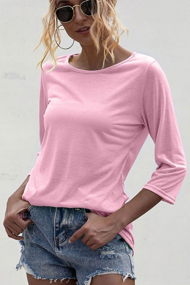 Solid Color 3/4 Sleeve Round Neck Regular Fit Simple T-shirt for Ladies