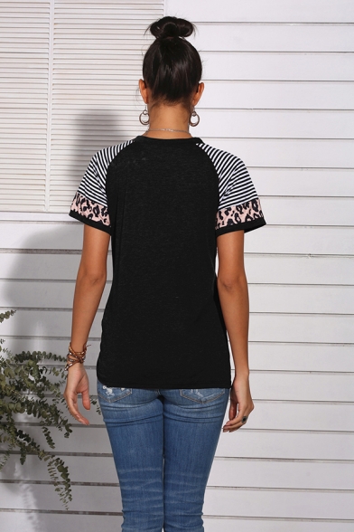Stylish Striped Leopard Print Patchwork Crew Neck Short Sleeve Regular Fit Raglan T-Shirt for Women