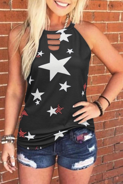Summer Allover Star Printed Hollow out Sleeveless Crew Neck Regular Fit Tank Top for Womenv