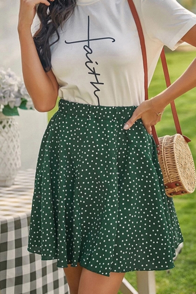 Trendy Polka Dot Printed High Waist Mini Pleated Flared Skirt in Green
