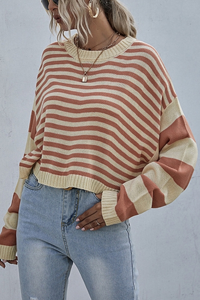 Unique Womens Striped Print Color Block Crew Neck Long Sleeve Relaxed Knitted Pullover Sweater in Orange