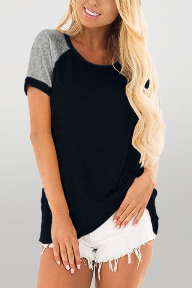 Chic Womens Color Block Contrast Stitching Crew Neck Short Sleeve Loose Fit Tunic Raglan Tee
