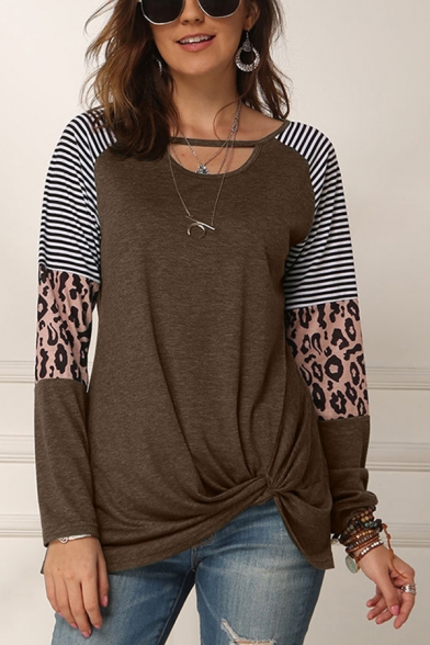 Classic Striped Leopard Pattern Twist Long Sleeve Cutout Round Neck Loose T Shirt