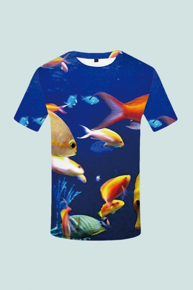 Cool Mens 3D Tee Top Sea Fish Printed Short Sleeve Round Neck Slim Fitted Tee Top