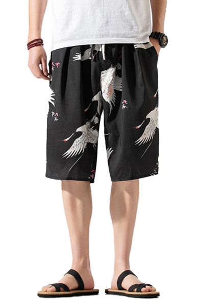 Cool Mens All over Crane Printed Pocket Drawstring Mid Rise Relaxed Fitted Shorts