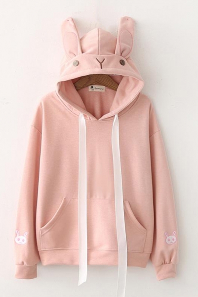 Cute Rabbit Ears Cartoon Embroidered Long Sleeves Pullover Hoodie with Pocket
