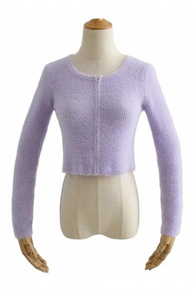 Fancy Purple Fuzzy Long Sleeve Zip Up Plain Slim Fit Cropped Cardigan for Ladies