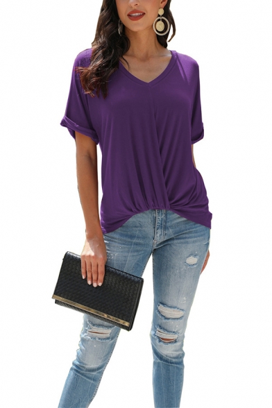 Fashion Womens Solid Color Pleated Roll Up Short Sleeve V-Neck Regular Fit Tee