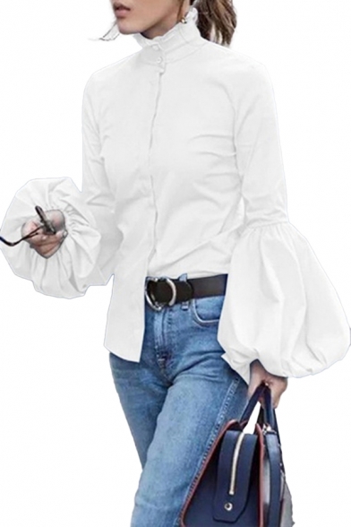 Hot Popular Womens Solid Color Button Down Stringy Selvedge Stand Collar Long Bishop Sleeve Slim Fit Shirt