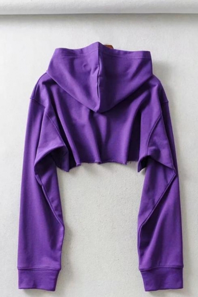 Ladies Stylish CUTE Letter Printed Long Sleeve Cut Out Front Purple Loose Cropped Hoodie