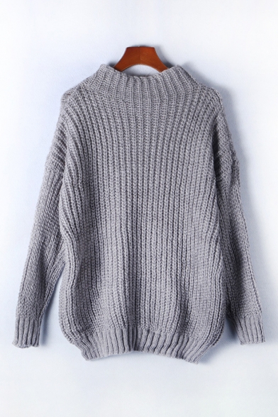 Ladies Trendy Solid Color Long Sleeve High Collar Chunky Knitted Relaxed Pullover Sweater
