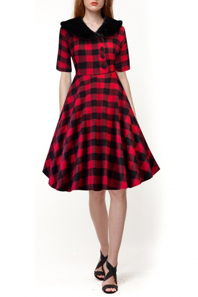 

Ladies Warm Tartan Printed Off-Center Button Patchwork Fur Collar Half Sleeve Midi Swing Dress, Green;red, LM665562