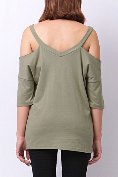 Leisure Plain Cold Shoulder 3/4 Sleeve Loose Fit T-Shirt for Women