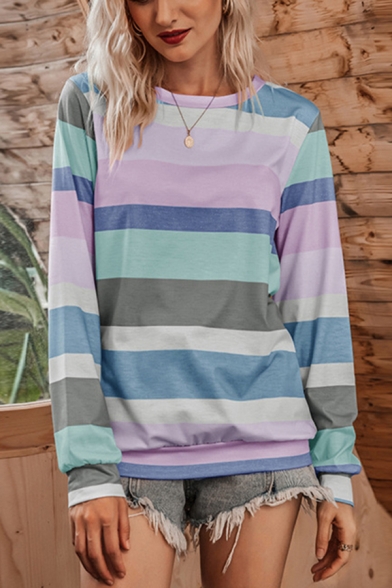 

Leisure Stripe Printed Long Sleeve Crew Neck Relaxed Fit T-shirt for Ladies, Blue;pink;gray, LM659902