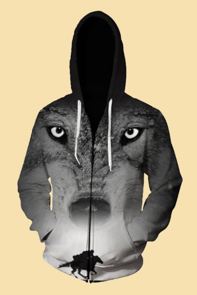 Mens 3D Hooded Sweatshirt Creative Wolf Figure Horse Printed Zipper Fly Cuffed Long Sleeve Slim Fit Hooded Sweatshirt