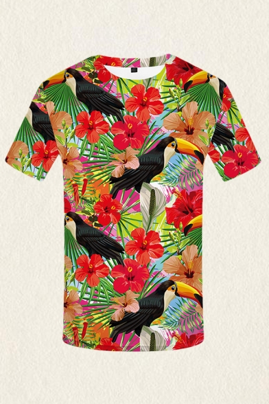 Mens 3D T-Shirt Casual Hibiscus Leaf Woodpecker Printed Crew Neck Short Sleeve Slim Fitted T-Shirt