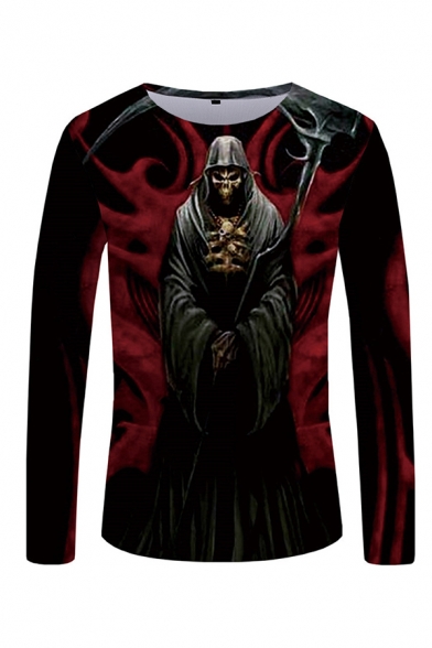 Mens 3D T-Shirt Creative Reaper Scythe Pattern Crew Neck Long Sleeve Slim Fitted T-Shirt