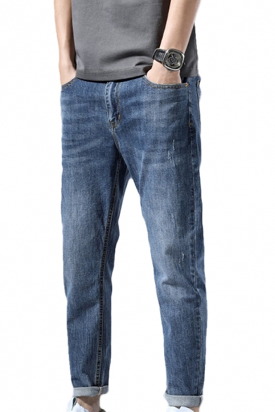 Mens Blue Jeans Fashionable Medium Wash Roll-up Zipper Fly Regular Fit 7/8 Length Tapered Jeans