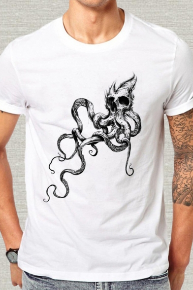 Mens Cool Tee Top Skull Demon Octopus Pattern Fitted Short-sleeved Round Neck Top Tee