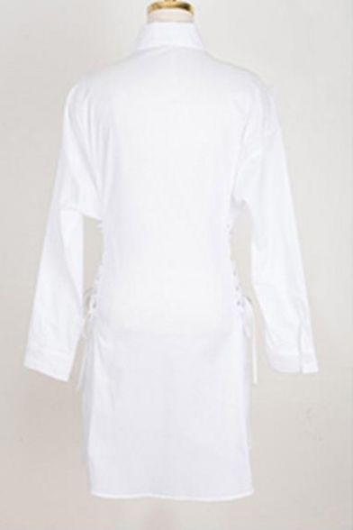 omen Trendy Solid Color White Long Sleeve Lace-Up Side Gathered Waist Mini White Shirt Dress