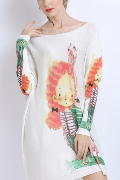 Pop Womens Cartoon Animal Character Printed Boat Neck Batwing Long Sleeve Loose Tunic Pullover Knitwear Top