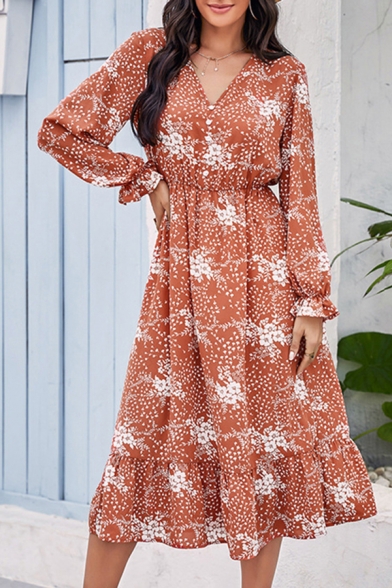 Popular All over Flower Printed Long Sleeve V-neck Button up Mid A-line Dress in Red