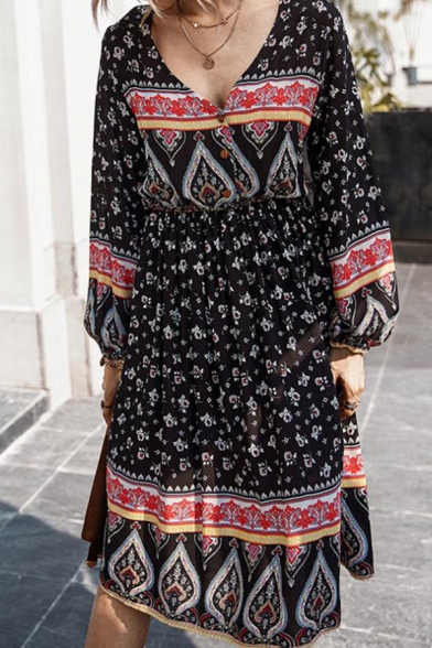 Pretty Ethnic Girls' Long Sleeve V-Neck Button Front All Over Floral Midi A-Line Dress in Navy