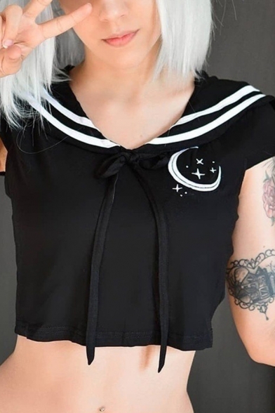 Sexy Girls Moon Printed Striped Short Sleeve Sailor Collar Tied Front Slim Fit Crop T Shirt in Black