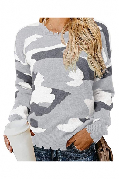 

Stylish Camo Printed Slit Long Sleeve Crew Neck Knitted Loose Pullover Sweater, Black;apricot;dark gray;light gray, LM672431