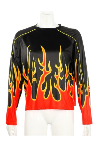 Stylish Hip-Hop Girls' Long Sleeve Round Neck Flame Printed Fitted T-Shirt