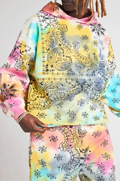 Stylish Paisley Allover Print Tie Dye Long Sleeve Relaxed Fit Hoodie in Yellow
