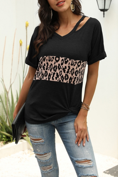 Trendy Leopard Print Patchwork Curved Hem Roll Up Short Sleeve V-Neck Regular Fit Tee for Women