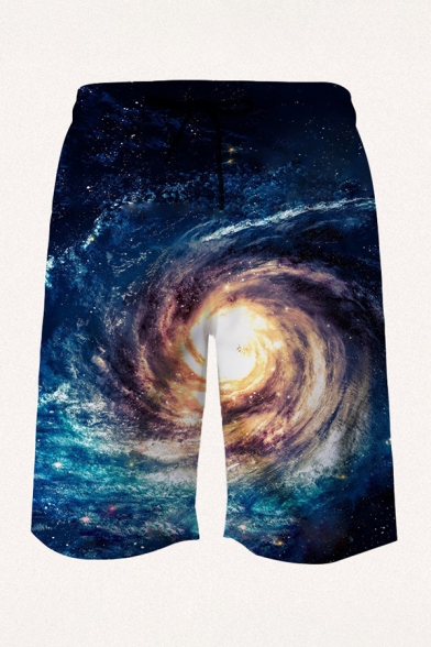 Trendy Mens 3D Relax Shorts Galaxy Figures Sun Hills Pattern Pocket Drawstring Straight Fit Mid Rise Knee Length Relax Shorts