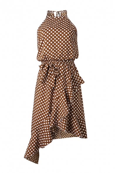 Trendy Summer Ladies Polka Dots Printing Stringy Selvedge Tie Waisted Sleeveless Straps Halter Midi Asymmetric A-Line Dress