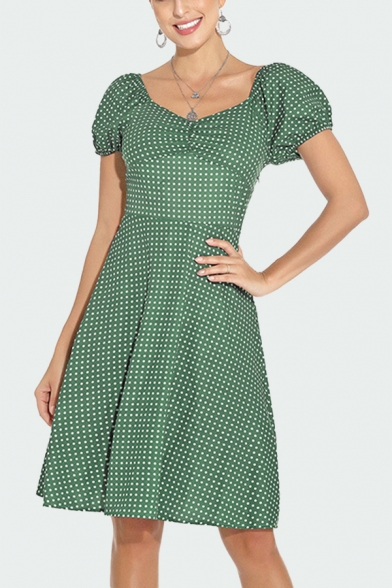 Trendy Womens Checker Polka Dots Printed Pleated Short Puff Sleeve Square Neck Mini A-Line Dress