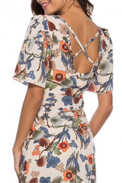 Women's Plus Size Summer Beige Floral Printed V-Neck Mini A-Line Dress