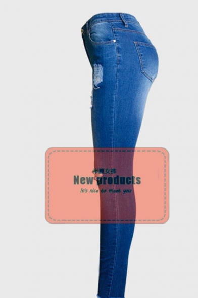 Womens Creative Distressed Pockets Zipper Fly Full Length Slim Fit Jeans with Washing Effect
