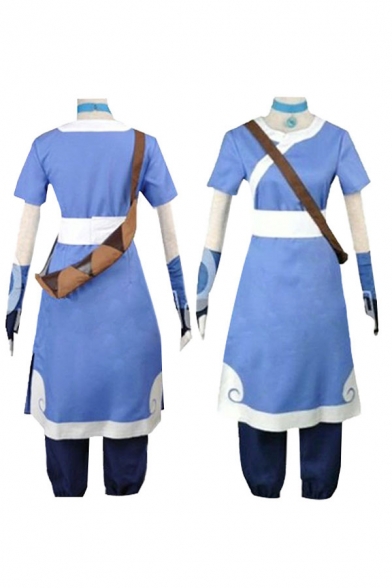 Anime Cosplay Costume Contrasted Short Sleeve Crew Neck Mid A-line Dress & Pants Blue Set with Gloves