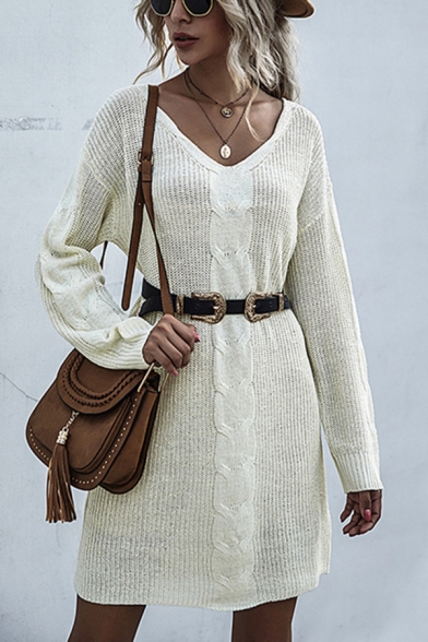 Beige Chic Patchwork V Neck Long Sleeve Knitted Mini Swing Sweater Dress for Women
