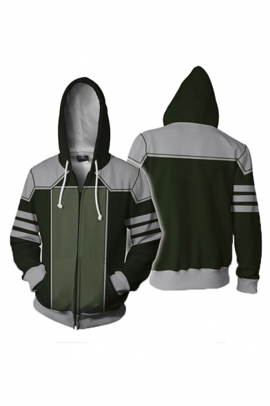 Casual Army Green Contrasted Geo Pattern Long Sleeve Drawstring Zip Up Relaxed Hoodie for Men