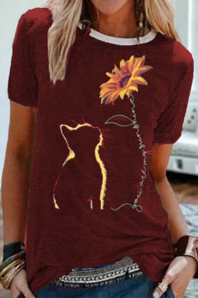 Casual Girls Cat Sunflower Printed Short Sleeve Contrasted Crew Neck Regular Fit T-shirt