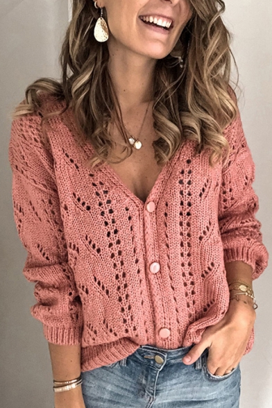 Chic Hollow Out Knitted Long Sleeve V-neck Button Up Relaxed Solid Color Cardigan for Ladies