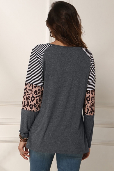 Daily Stripe Leopard Print Patchwork Keyhole Neckline Long Sleeve Regular Fit T-Shirt for Women