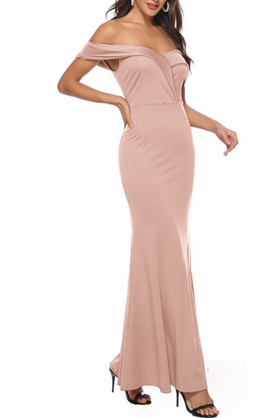 Elegant Ladies Solid Color Off the Shoulder Maxi Fishtail Cocktail Dress in Pink