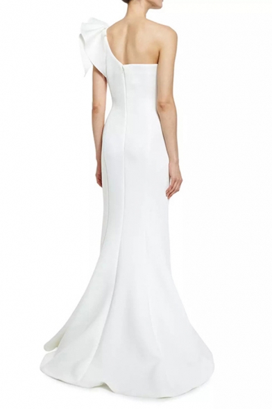 Elegant Womens Solid Color Ruffled Oblique Shoulder Maxi Fishtail Evening Dress