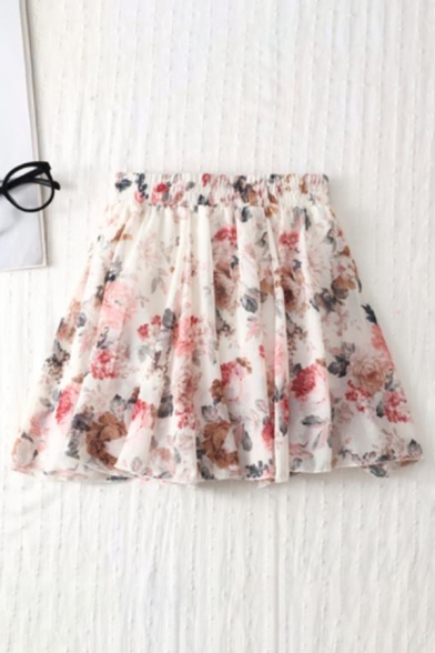 Fashion Bow-Tied Waist Floral Printed Chiffon White Skort Shorts